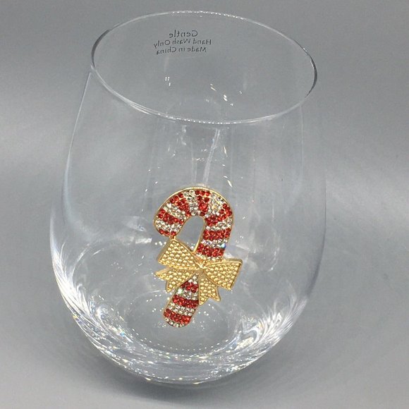 x2 Rhinestone Candy Cane Stemless Wine Glass Set Red Gold Bow Christmas Holidays - Picture 10 of 10